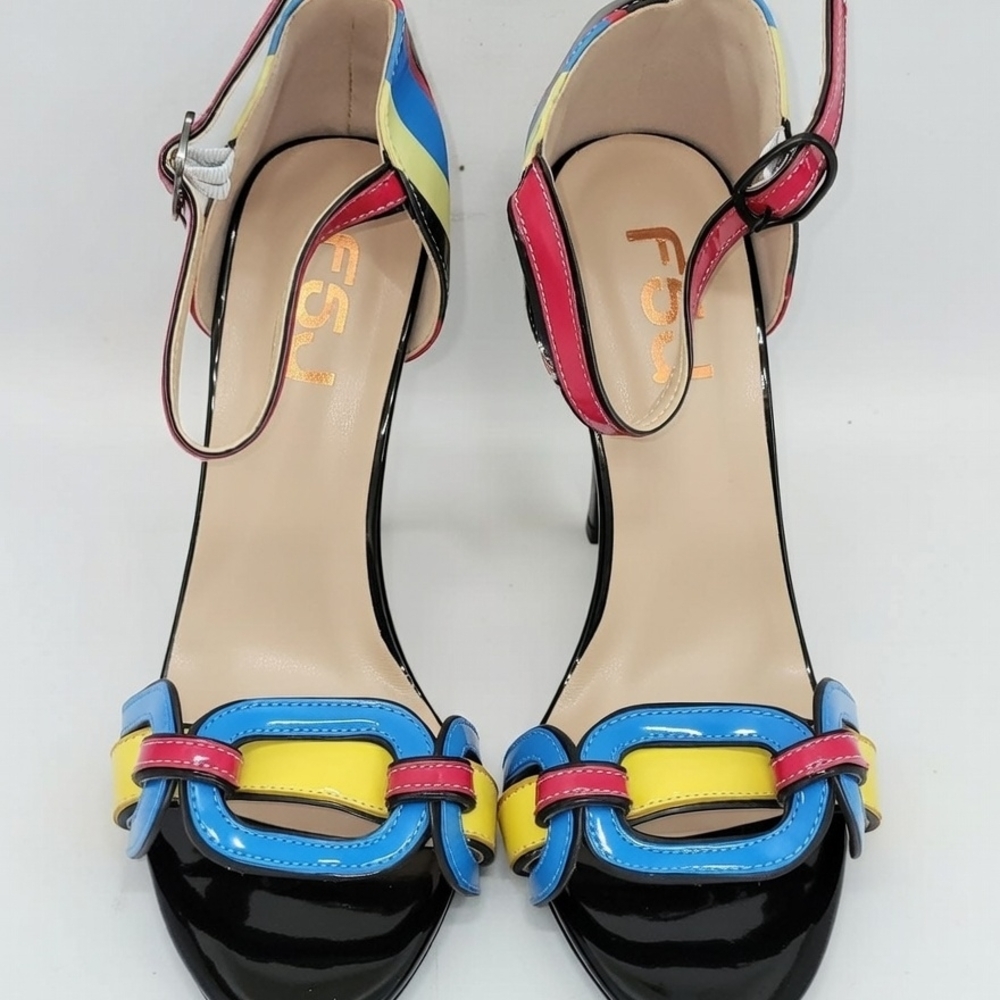 FSJ Women's Black, Blue, Yellow, and Pink Strappy Heels